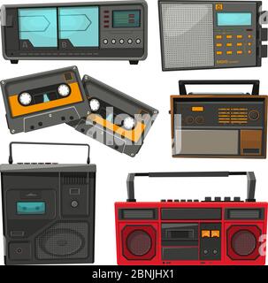 Cartoon illustrations of old music cassette recorders, players and radios Stock Vector