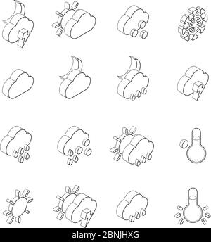 Linear illustrations of weather symbols. Isometric icons set isolate on white Stock Vector