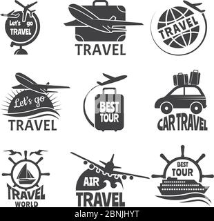 Vector label or logos forma travelling theme. Monochrome pictures of airplanes Stock Vector