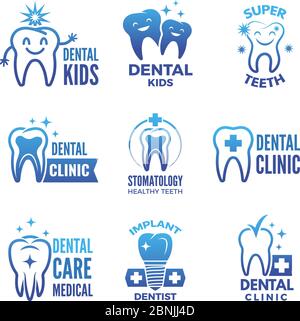 Labels and logos set of dental theme and illustrations of healthy teeth Stock Vector