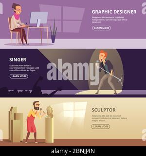 Horizontal banners set with illustrations of creative professions Stock Vector