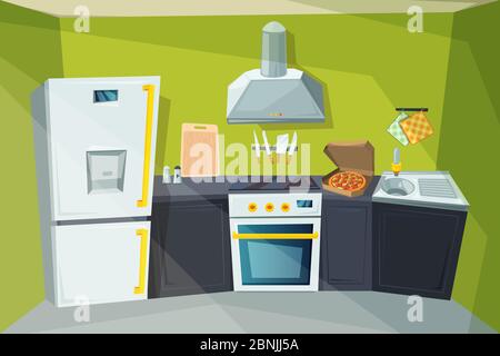 Cartoon illustration of kitchen interior with various modern furniture Stock Vector
