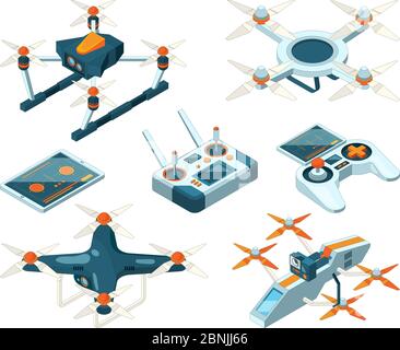 Isometric 3d pictures of drone copters, quadcopters or unmanned aircrafts Stock Vector