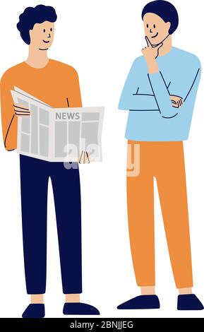 Communication, mass media concept. Modern vector illustration in flat style isolated on white. People read news. Two men in full growth share and Stock Vector