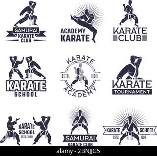 Design of martial sport labels set. Monochrome badges set isolate on white Stock Vector