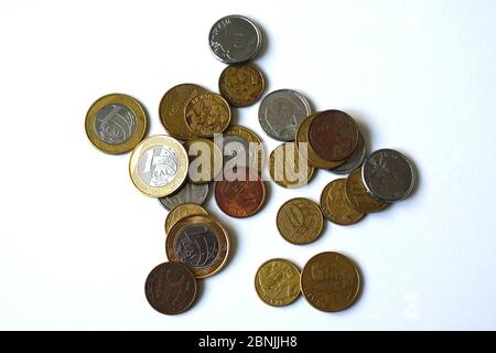 Brazilian real, real brasileiro, BRL, R$, Brasilianischer Real, coins, Brazil, República Federativa do Brasil, South America Stock Photo