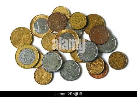 Brazilian real, real brasileiro, BRL, R$, Brasilianischer Real, coins, Brazil, República Federativa do Brasil, South America Stock Photo