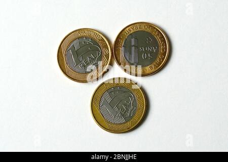 Brazilian real, real brasileiro, BRL, R$, Brasilianischer Real, coins, Brazil, República Federativa do Brasil, South America Stock Photo