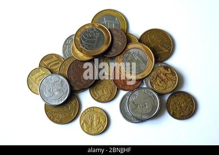 Brazilian real, real brasileiro, BRL, R$, Brasilianischer Real, coins, Brazil, República Federativa do Brasil, South America Stock Photo