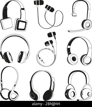 Monochrome illustrations set. Silhouette of headphones Stock Vector