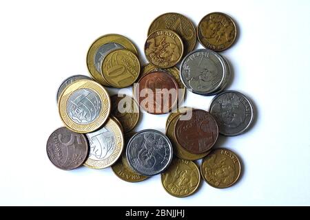 Brazilian real, real brasileiro, BRL, R$, Brasilianischer Real, coins, Brazil, República Federativa do Brasil, South America Stock Photo