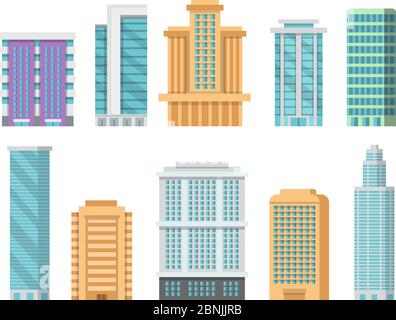 Flat illustrations of various modern skyscrapers and other business buildings Stock Vector