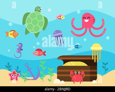 Vector illustrations set of underwater landscape with sea animals and fishes Stock Vector