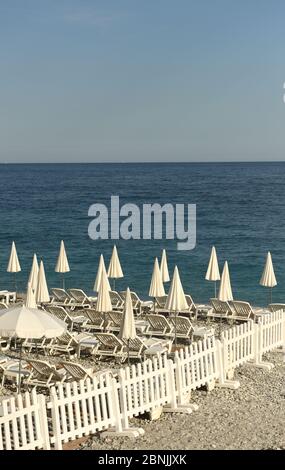 white umbrellas and empty sunbeds on the beach, sea view Stock Photo
