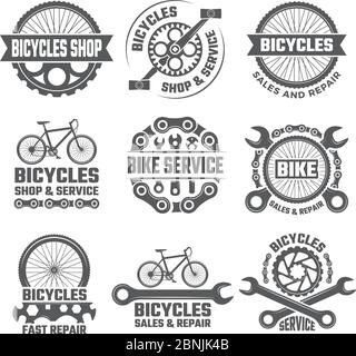 Labels and sport logos set with parts of bicycle Stock Vector