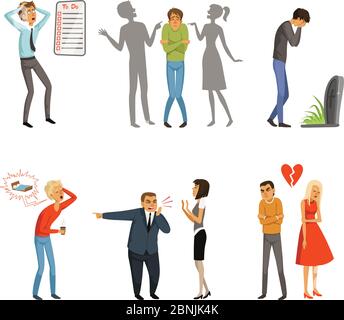 Different peoples male and female in panic scenes Stock Vector