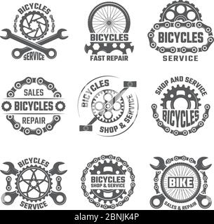 Labels template design with gears, chains and other parts of bicycle Stock Vector