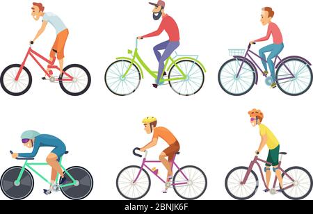 Set of bicycle sportsmen. Cartoon characters driving various bikes Stock Vector