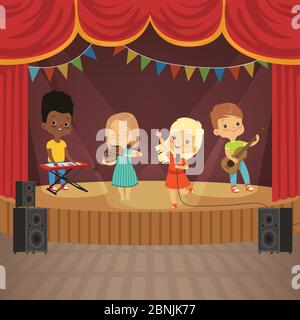 Music kids band on concert scene Stock Vector