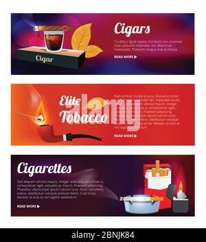 Horizontal banners with illustrations of hookah, cigarettes and various tools for smokers Stock Vector