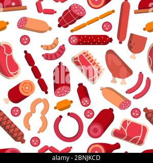 Seamless pattern with pictures of meat products. Pictures for butcher shop Stock Vector