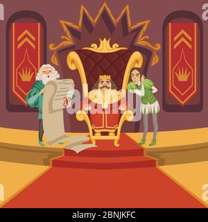 King on the throne and his retinue. Cartoon characters set Stock Vector