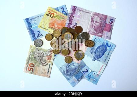 Brazilian real, real brasileiro, BRL, R$, Brasilianischer Real, coins and notes, Brazil, República Federativa do Brasil, South America Stock Photo