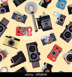 Cartoon seamless pattern with illustrations of retro photo cameras Stock Vector
