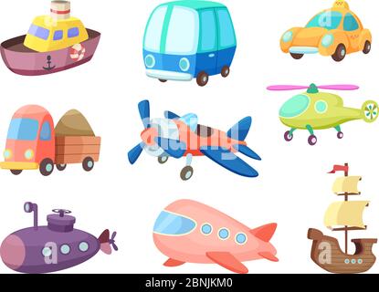 Cartoon illustrations of various transportation. Airplanes, ship, cars and others. Vector pictures of toys for kids Stock Vector