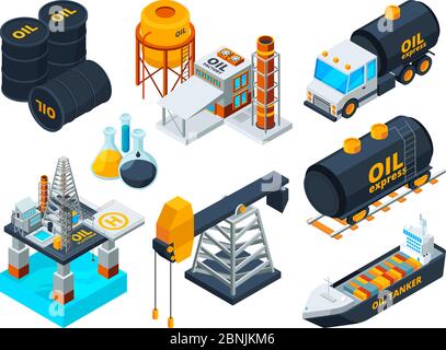 Oil and gas petroleum refining. Isometric pictures set Stock Vector