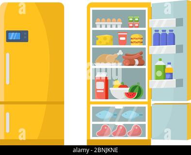 Vector illustrations of empty and closed refrigerator with different healthy food Stock Vector