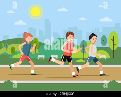 Urban green park landscape with running peoples Stock Vector