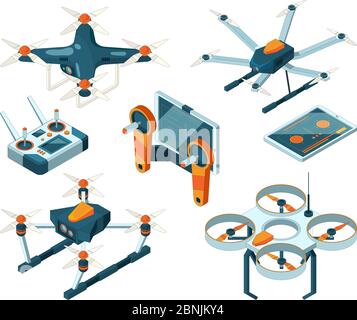 Different isometric illustrations of drones and quadcopters Stock Vector