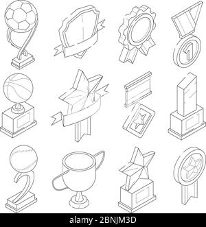 Linear isometric icon set of various sport trophies Stock Vector