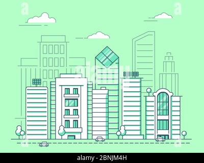Mono line illustrations of urban landscape with business buildings Stock Vector
