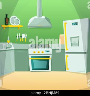 Cartoon pictures of kitchen interior with different furniture items Stock Vector