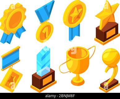 Medals of honor and different sport trophies. Isometric vector illustrations Stock Vector