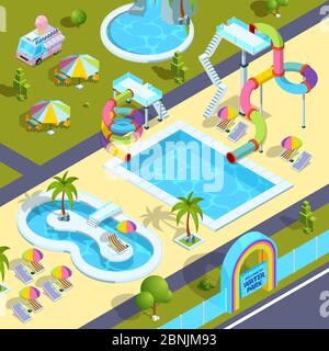Pictures of outdoor attractions in water park. Vector isometric illustrations Stock Vector