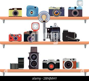 Retro cameras ant specific details for photographers standing on the shelves Stock Vector
