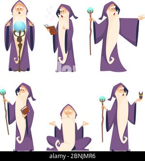 Wizard male. Cartoon mascot in action poses Stock Vector