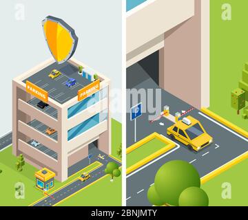 Background isometric illustration of multi level parking with various cars Stock Vector