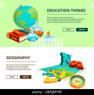 Horizontal banners with cartoon pictures of science and geography symbols Stock Vector