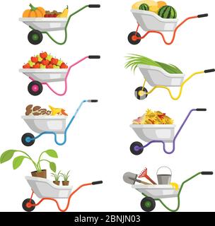 Set of wheelbarrows with different fruits and vegetables Stock Vector