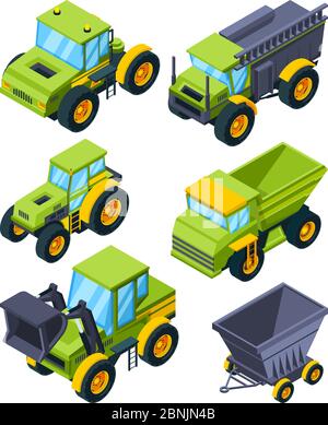 Farm or village various transport. Isometric pictures set of agriculture machines Stock Vector