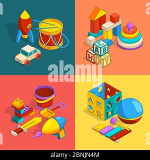 Four thematic groups of preschool children toys. Vector isometric illustrations Stock Vector