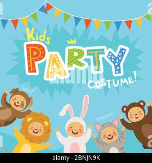 Kids party invitation with illustrations of happy childrens in carnival costumes of animals Stock Vector