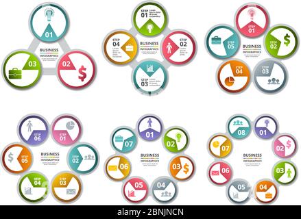 Infographic radial shapes. Circled charts and processes visualization Stock Vector