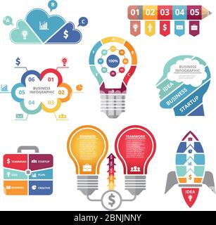 Infographics concepts with various shapes bulb, rocket, business case and profile of head Stock Vector
