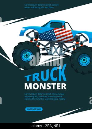 Monster truck poster. Design template of retro placard with illustration of monster truck Stock Vector