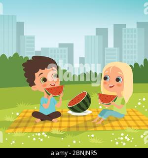 Kids couple sitting in the urban garden and eat some fruits. Picnic concept Stock Vector